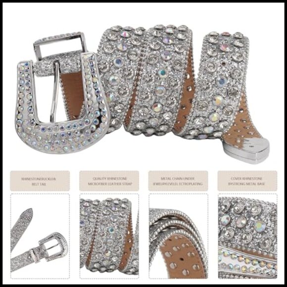 Rhinestone Belt for Women Men Shining Diamond Studded Microfiber Leather main image 5